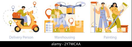 Working Professions set. Illustrations of a delivery person, warehousing worker, and painters in action. Exploring dynamic occupational activities. Vector illustration. Stock Vector