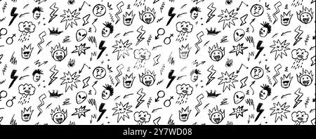 Grunge rock seamless pattern with doodle elements. Wax pencil drawing face with tongue out, cartoon thunderbolt like children pen drawing and other Stock Vector