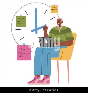 Young businessman concept. Professional managing time effectively in office setting. Task planning, organization, and deadline awareness. Vector illustration. Stock Vector