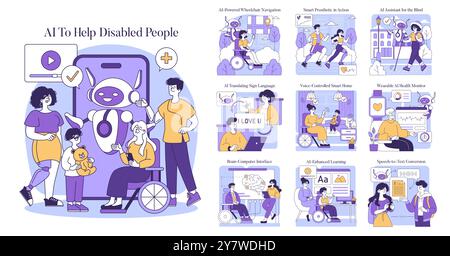 AI Assistance for the Disabled set. Diverse applications of AI boosting accessibility. Navigation, communication, health monitoring. Vector illustration. Stock Vector
