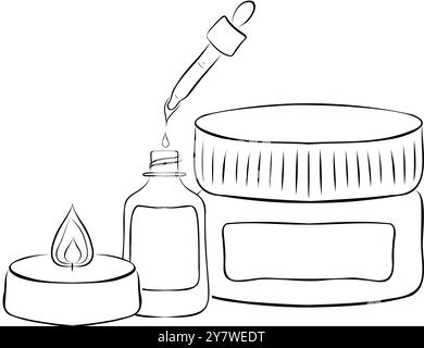 Cosmetic bottles set for beauty and cleanser, skin and body care. Still life with beauty products. Vector illustration in hand drawn sketch doodle sty Stock Vector