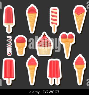 Big colorful set different types natural dessert ice cream of consisting various ingredients, design ice cream various sizes from menu organic nutriti Stock Vector