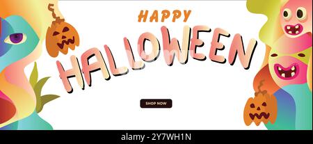 happy halloween banner concept. abstract geometric liquid form. monster halloween with hand drawn banner template vector illustration. Stock Vector