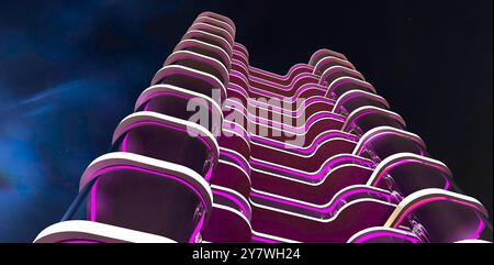 Design of the facade of a prestigious tourist building. View from below against the night sky with purple LED lighting. 3D rendering. Stock Photo