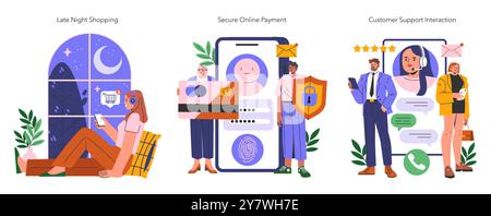 Online shopping set. Consumers engaging in late-night purchasing, secure payment processing, and customer service communications. Simple flat design. Vector illustration. Stock Vector