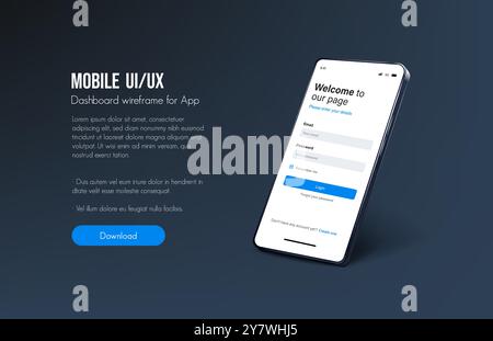 Smartphone UI app. Phone screens for shop application. Mobile interface with account login and shopping cart. Screenshots responsive website mockups. Stock Vector