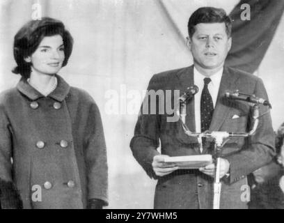 Hyannis Port , Mass. : Senator John Kennedy , today elected President of the United States , is seen here giving his acceptance speech his first message . 10 November 1960 Stock Photo