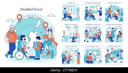 Disabled Travel set. Inclusive travel options for individuals with disabilities. Illustrating accessibility in cities, hotels, and transportation. Vector illustration. Stock Vector