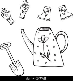 A hand-drawn watering can, gloves and rubber boot in doodle style.For print, pattern, label, web, mobile and infographics isolated on white background Stock Vector