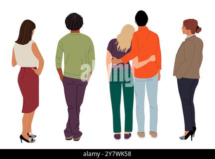 Set of diverse People Standing Rear View.  Stock Vector