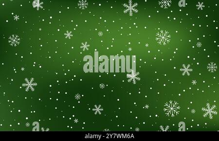 Horisontal green background with snowfall. Stock Vector