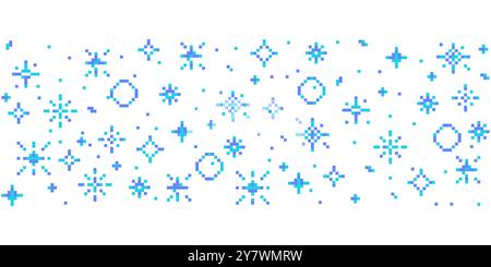 Pixel snow retro 8 bit sparkle border seamless frame. Shiny game pixel art effect set. Firework burst, space decoration. 90s aesthetics, y2k . Vector illustration Stock Vector