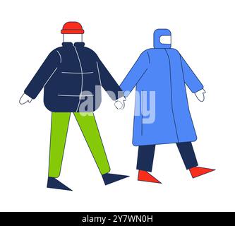 Winter outerwear couple holding hands 2D cartoon characters Stock Vector
