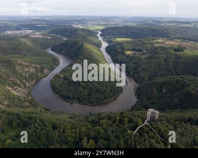 The Saarschleife is a hairpin bend in the river Saar. famous tourist attraction in the Saarland, Germany. Stock Photo