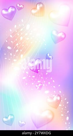 rainbow surreal stories background with sky unicorn. Holographic anime style design with heart. Design with mesh y2k neon. Stock vector illustration i Stock Vector