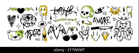 Spray paint graffiti elements, y2k gothic tattoo sticker set. Street art inky bear, heart with angel wings, barbed wire, cherry, melting smile face emoji. Grunge bullet, rock hand gesture, urban text Stock Vector