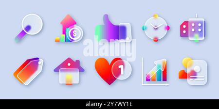 Transparent matte glass morphism ui icon set with neon gradient. Realistic modern 3d frosted buttons of business growth graph, price tag, time, thumbs up and magnifying glass for website or mobile app Stock Vector
