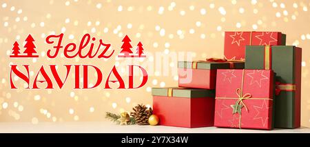 Greeting card with gifts and text FELIZ NAVIDAD (Spanish for Merry Christmas) Stock Photo