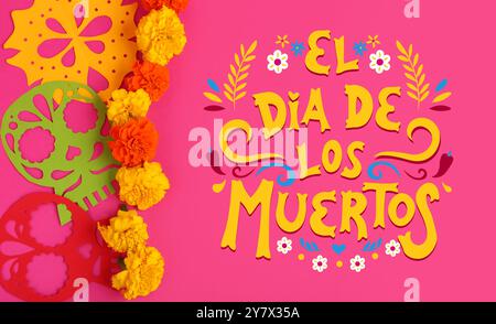 Greeting banner for el Dia de Muertos (Mexico's Day of the Dead) with paper human skull and marigold flowers Stock Photo