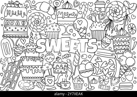 Hand-Drawn Vector Doodle Set Features A Stress-Relief Coloring Page Theme Of Sweets, Including An Array Of Cakes, Candies, Cupcakes, Ice Cream, And More, Making It A Cute Coloring Book Stock Vector