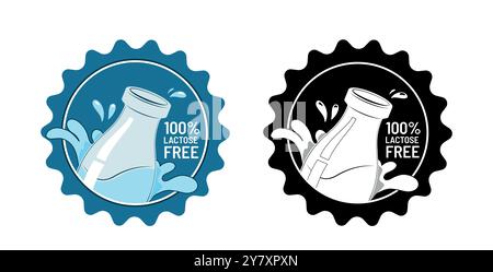 100 Percent Lactose Free Badge Design. Illustration Set with Milk Bottle Splash Elements Blue and Black Variations.Signs for product packaging design. Stock Vector