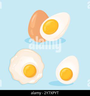 Set of chicken eggs. Sunny side up Fried egg, Boiled egg, and whole egg in shell. Healthy Food, Protein Breakfast vector illustration. Stock Vector