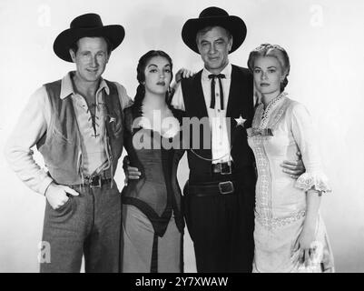 Cast Photo of LLOYD BRIDGES, KATY JURADO, GARY COOPER and GRACE KELLY for HIGH NOON 1952 Director  FRED ZINNEMANN Story JOHN W. CUNNINGHAM  Screenplay CARL FOREMAN Cinematography FLOYD CROSBY Wardrobe JOE KING (male) and ANN PECK (female) Music DIMITRI TIOMKIN Song Do Not Forsake Me , Oh My Darlin' Music DIMITRI TIOMKIN Lyrics NED WASHINGTON Performed by TEX RITTER Stanley Kramer Productions / United Artists Stock Photo