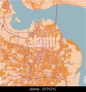 Map of Surabaya in Indonesia in a sandy theme. Contains layered vector with roads water, parks, etc. Stock Vector