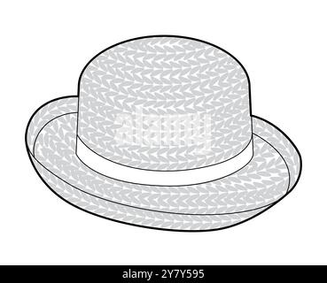 Breton Kettle Brim Straw Hat with. Head Fashion accessory cap clothing technical illustration. Vector headgear for Men, women, unisex style, flat template CAD mockup sketch outline isolated Stock Vector