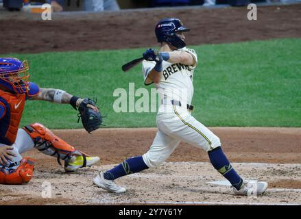 Milwaukee, United States. 01st Oct, 2024. Milwaukee Brewers Sal Frelick hits a double in the fourth inning against the New York Mets in game one of the MLB National League Wild Card series at American Family Field in Milwaukee, Wisconsin on Tuesday, October 1, 2024. Photo by Tannen Maury/UPI Credit: UPI/Alamy Live News Stock Photo