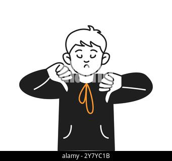 Upset boy shows thumbs down gesture color vector line icon Stock Vector