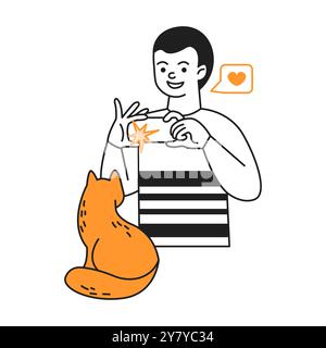 Man takes photo of cat using smartphone line vector icon Stock Vector
