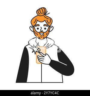 Bearded man taking picture with smartphone line vector icon Stock Vector
