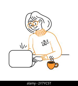Happy senior woman working on laptop line color vector icon Stock Vector