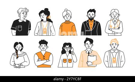Various jobs people avatars doodle line illustration set Stock Vector
