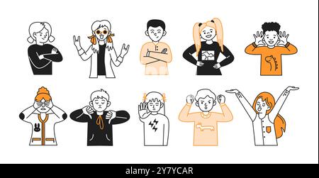 Diverse group of children expressing different emotions with gestures Stock Vector