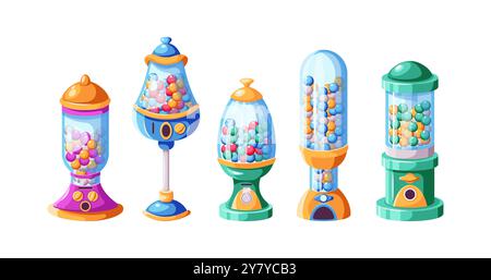 Vintage vending machines with candies flat illustration set Stock Vector
