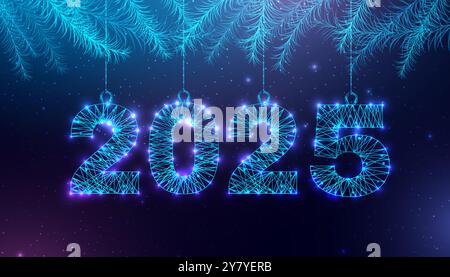 Postcard Happy New Year 2025. Low poly Christmas ball and fir branches. Numbers from a polygonal wireframe. Abstract vector illustration on a dark Stock Vector