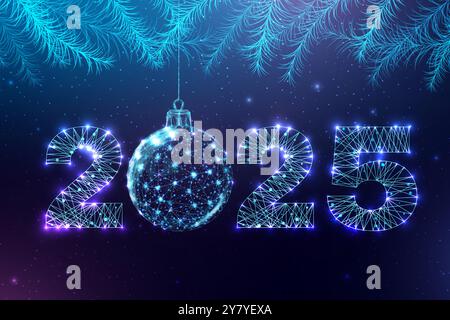 Postcard Happy New Year 2025. Low poly Christmas ball and fir branches. Numbers from a polygonal wireframe. Abstract vector illustration on a dark Stock Vector