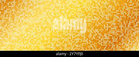 Radial gold disco party pattern. Golden square sequin mosaic texture background. Abstract yellow shining glitter halftone wallpaper. Pop up comic sparkling glitter backdrop. Vector Stock Vector