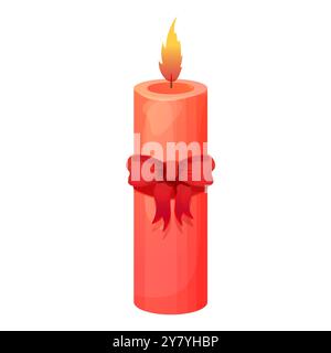 Red candle with flame decorated with baw, bright holiday candlestick. Burning candle. Vector illustration Stock Vector