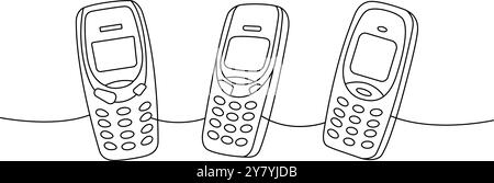 Old mobile phones set one line continuous drawing. Old communication gadgets. Vector linear illustration. Stock Vector