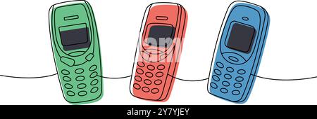 Old mobile phones set one line colored continuous drawing. Old communication gadgets. Vector linear illustration. Stock Vector