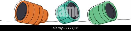 Camera photo lens with shutters one line colored continuous drawing. Professional photo equipment. Vector linear illustration. Stock Vector