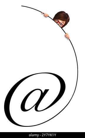 A young woman hides behind the @ symbol in a 3-d illustration about locating a person on the internet or email addresses that are no longer personal. Stock Photo