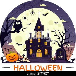 Happy Halloween Night Vector Illustration featuring Pumpkins in the Moonlight, Ghosts, and Other Spooky Elements in a Flat Cartoon Background Stock Vector