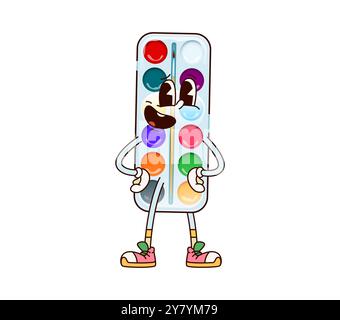 Groovy school watercolor character captures funky and creative vibes. Cartoon vector watercolor paint box personage features cheerful expression, promoting creative art and education for kids classes Stock Vector