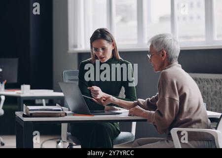 Confident financial advisor discussing options with senior woman in the office Stock Photo
