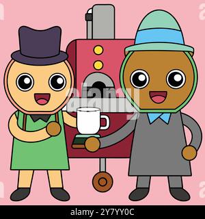 Cute cartoon characters serving a cup of coffee. Perfect for coffee shop branding. social media content. or childrens illustrations. Stock Vector