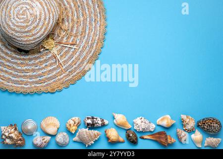 Summer and vacation flat lay with woman straw hat and various seashells at the lower edge of the picture on blue background. Stock Photo